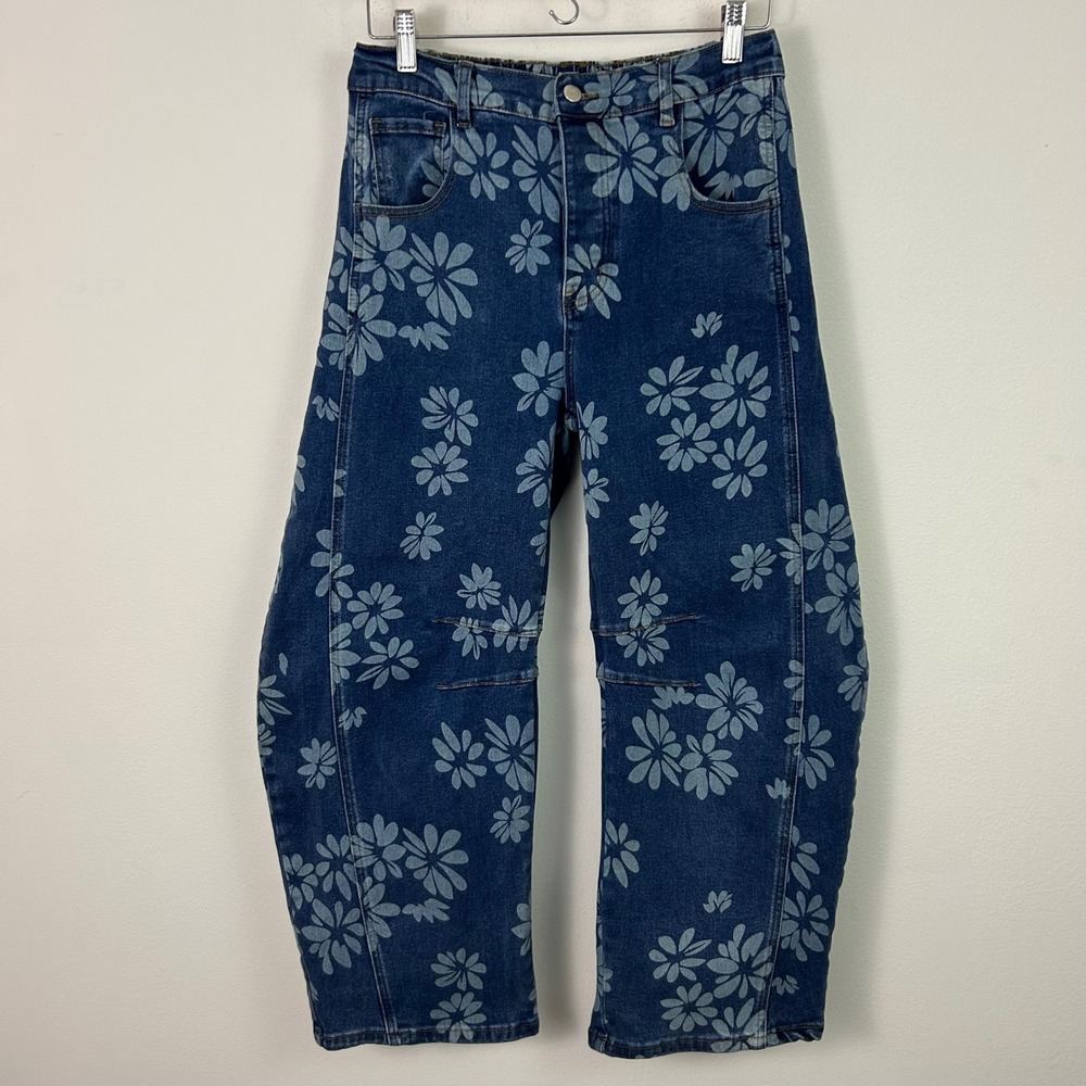Blue Velvet Floral Barrel Jeans Womens Small High Rise Button Fly Balloon Pants